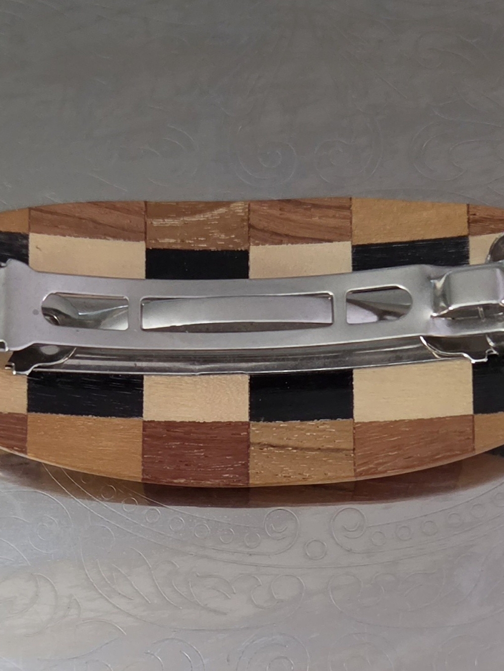 Vintage Handmade Hawaiian Koa Wood Checkerboard Inlay Hair Barrette Clip - Picture 3 of 5
